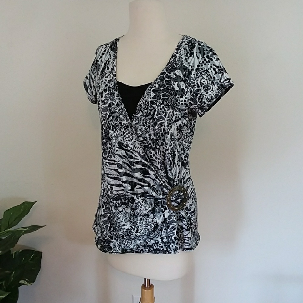 Jason Maxwell Jersey knit Wrap Top w/ Brooch XL